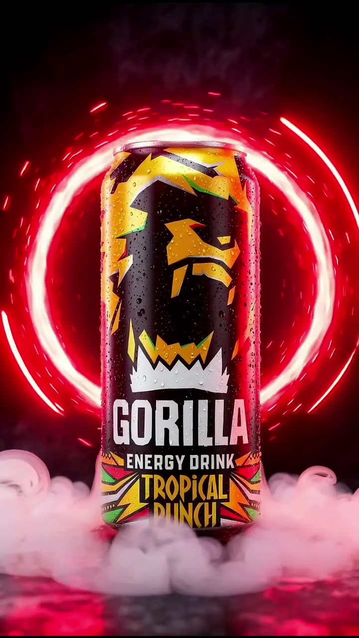 Frame from an AI-generated energy drink packshot ad on a neon backdrop