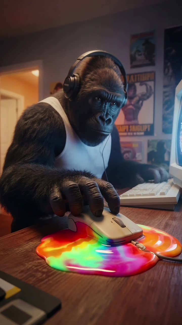 Frame from an AI-generated character-led energy drink ad in a retro gaming room